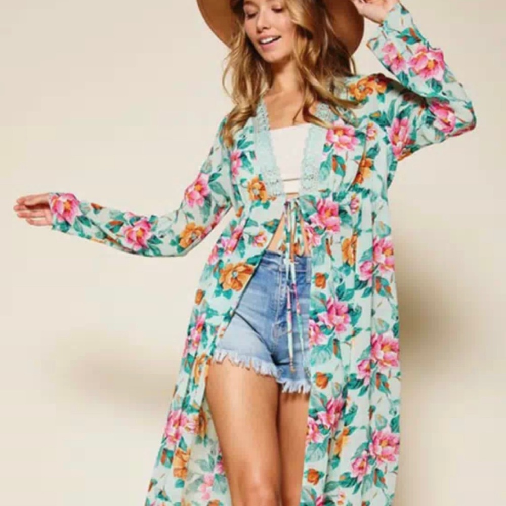 #28 LONG SLEEVE LACE TRIM FLORAL SELF TIE KIMONO - Picture 4 of 5